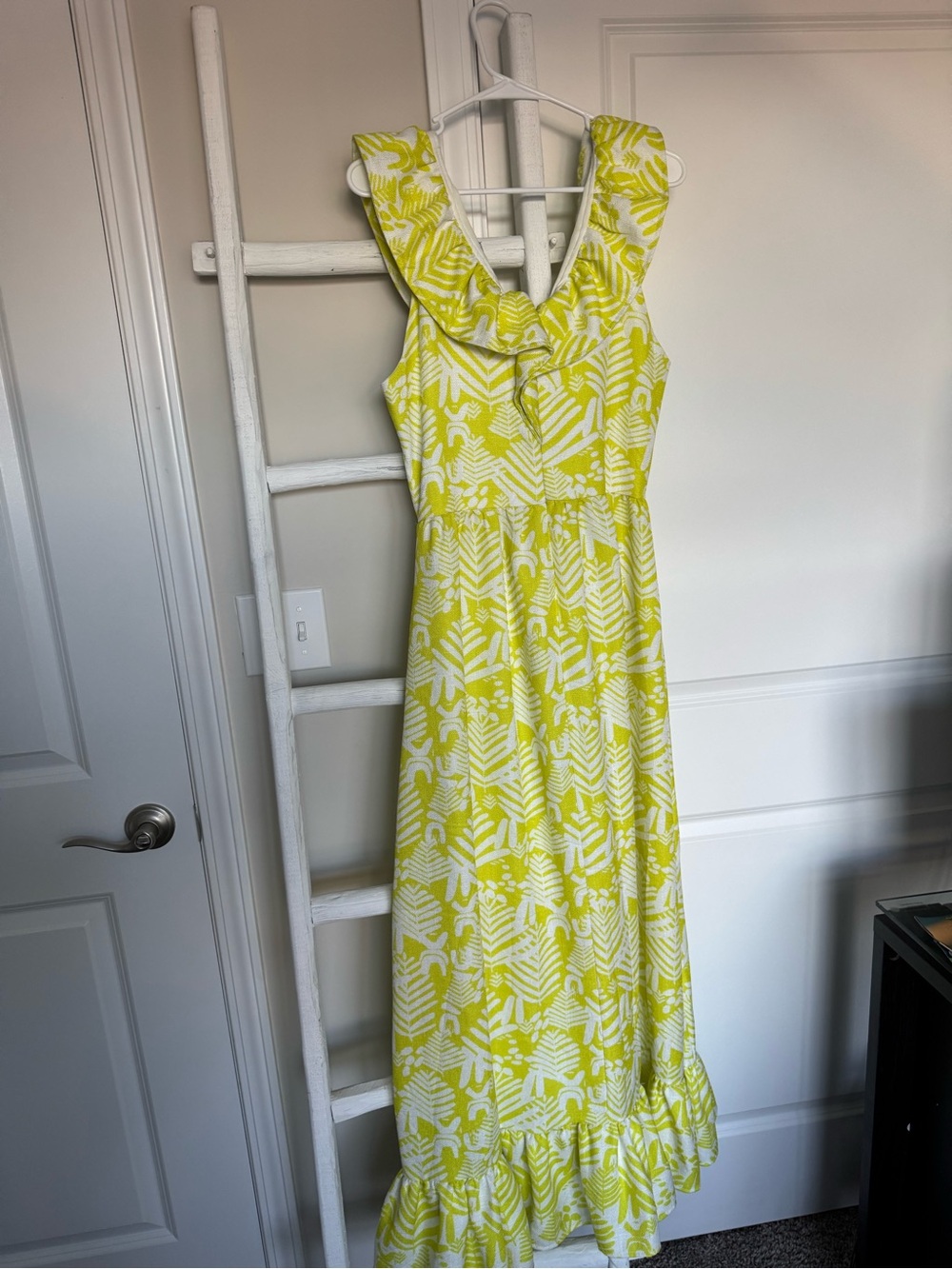 CK Bradley Sleeveless Yellow Patterned Ruffled Hem Maxi Dress
